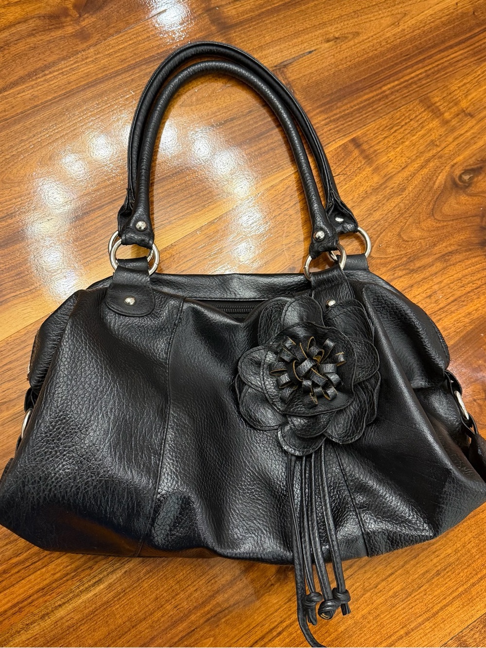 chateau black faux leather floral bowling bag